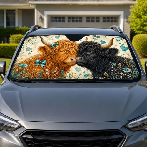 Scottish Highland Cow Couple With Teal Hearts Romantic Farmhouse Gift For Cow Fans Car Sunshade