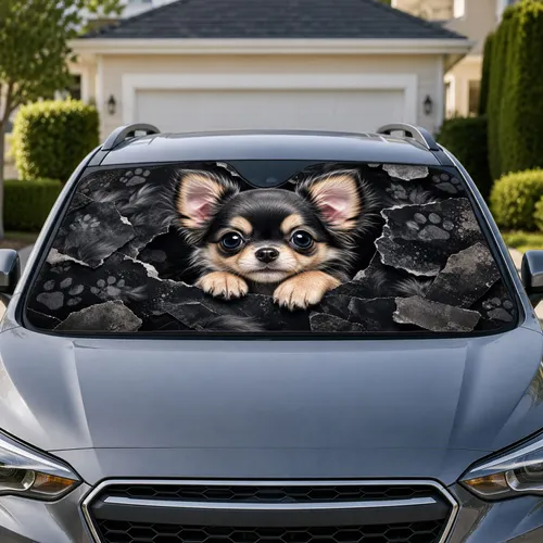 Adorable Long Haired Chihuahua Puppy In Dark Grunge Torn Paper For Dog Lovers Daily Drive Car Sunshade