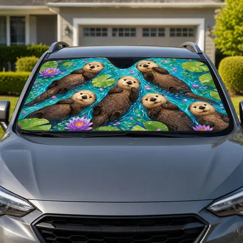 Cute River Otters With Water Lilies Aqua Pond Travel Decor For Animal Lovers Kids Car Sunshade