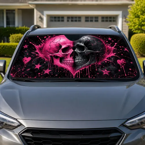 Gothic Pink Black Skull Heart Neon Splatter Dark Romance Decor For Emo Goth Fans Car Sunshade