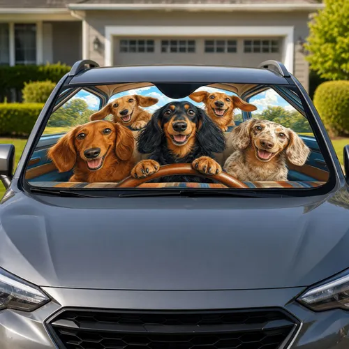 Five Realistic Dachshunds On Joyful Road Trip With Summer Cabin Adventure Vibes For Fans Car Sunshade