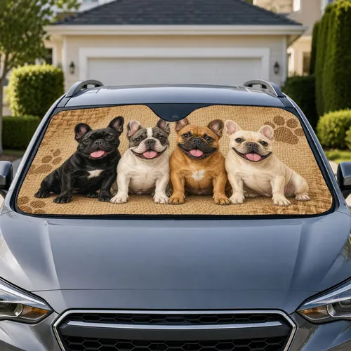 French Bulldog Quartet On Beige Woven Texture For Dog Lovers Road Trip Decor Gift Car Sunshade