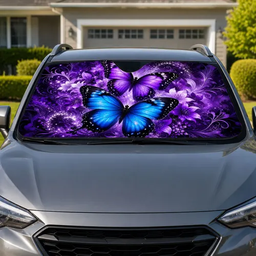 Luminous Blue Purple Butterflies Dark Floral Fantasy For Boho Goth Drivers Decor Car Sunshade