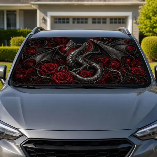 Gothic Dragon With Crimson Roses Dark Fantasy Decor Gift For Metalcore Horror Fans Car Sunshade