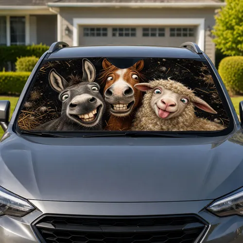 Funny Donkey Horse Sheep Farm Animal Trio For Road Trips And Country Humor Fans Gift Car Sunshade