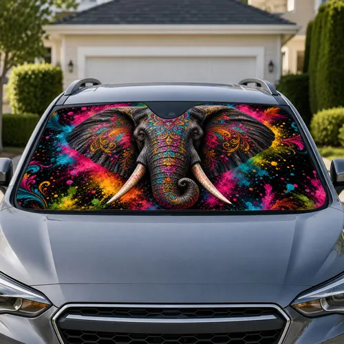 Mandala Elephant With Neon Paint Splashes For Boho Festival Style Wildlife Lovers Car Sunshade