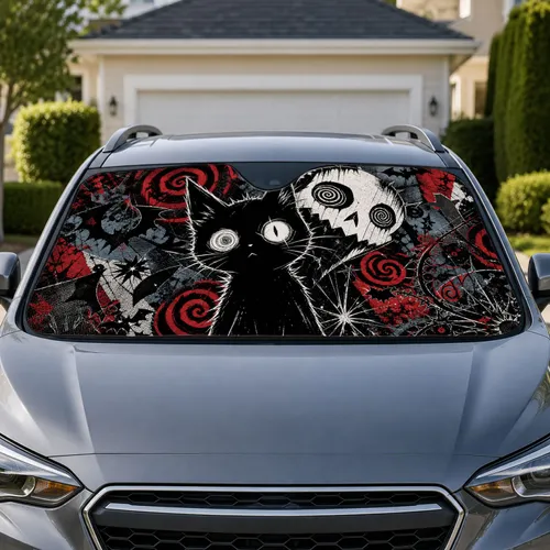 Gothic Punk Anime Cat And Skull Mask Dark Manga Aesthetic For Emo Road Trip Fans Car Sunshade