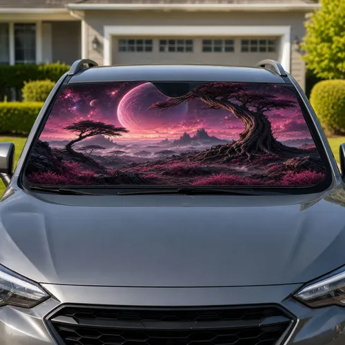 Alien Desert Withered Tree And Floating Planet Twilight Decor For Sci Fi Travelers Car Sunshade