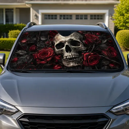 Gothic Skull With Crimson Roses Dark Romantic Decor For Metalhead Horror Fans And Goths Car Sunshade