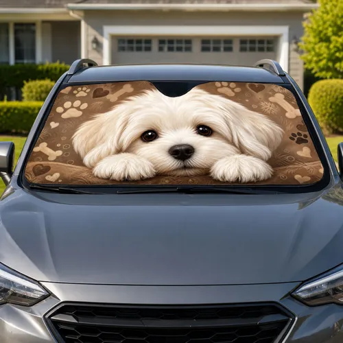 Fluffy White Puppy Close Up With Paw Marks For Cozy Pet Lover Road Trip Style Decor Car Sunshade