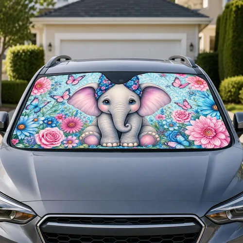 Baby Elephant With Blue Bow In Aqua Floral Garden For Cute Road Trip Decor Girls Car Sunshade