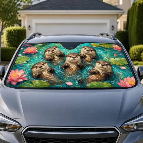 Five River Otters With Lotus Flowers In Turquoise Pond Decor Gift For Nature Lovers Car Sunshade