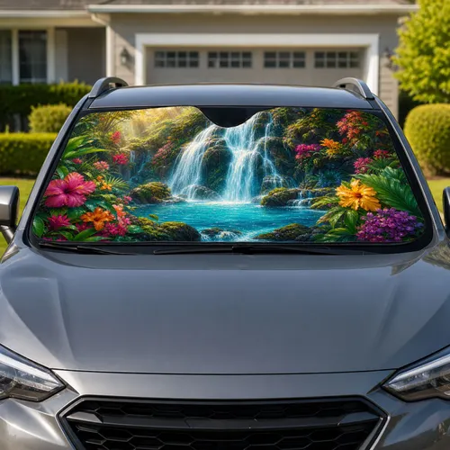 Tropical Waterfall And Blooming Flowers For Summer Road Trips And Nature Lovers Everywhere Car Sunshade