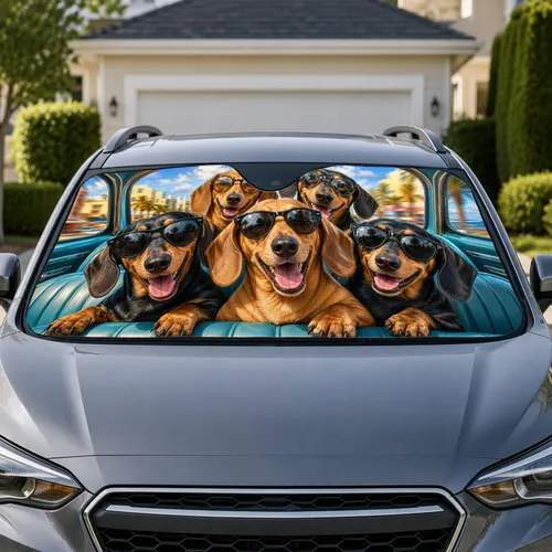 Fun Happy Dachshund Road Trip Dogs With Sunglasses For Family Travel And Dog Lovers Car Sunshade