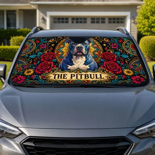Blue Gray Pitbull With Roses And Golden Mandala For Bold Road Trips And Dog Lovers Car Sunshade