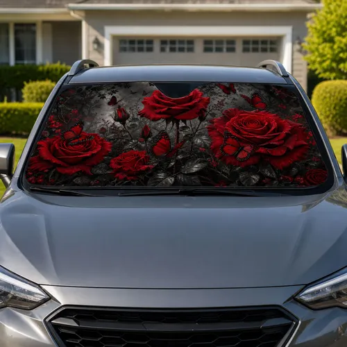 Gothic Crimson Roses And Butterflies For Moody Dark Floral Auto Style Gift For Her Car Sunshade