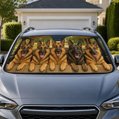 Realistic Five German Shepherd Dogs In Beige Cabin For Road Trip Travel Dog Lovers Car Sunshade