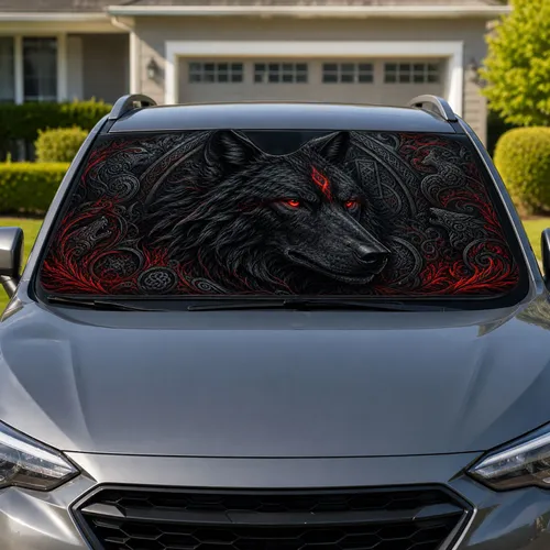 Red Eyed Black Wolf Totem With Nordic Knotwork For Dark Fantasy Gaming And Gothic Fans Car Sunshade