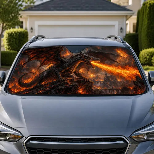 Fire Breathing Black Dragon Fantasy Battlefield Scene For Dark Gothic Adventure Fans Car Sunshade