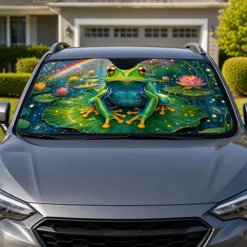 Rainbow Lotus Pond Tree Frog Fantasy Twilight Decor For Nature Lovers And Frog Fans Car Sunshade
