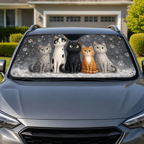 Whimsical Snowy Long Cat Family Winter Scene For Cat Lovers And Cozy Pet Owner Gifts Car Sunshade