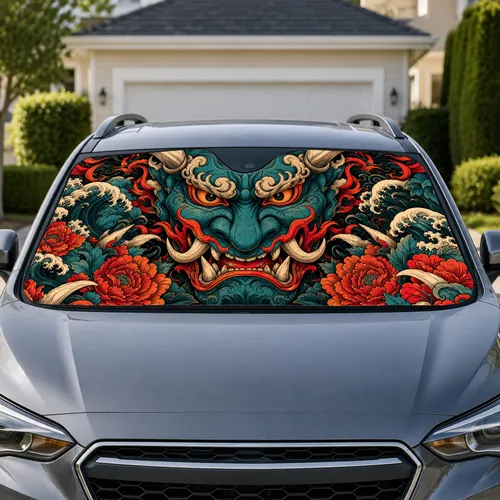 Japanese Oni Mask With Teal Waves And Red Flames For JDM Street Style Decor Fans Car Sunshade