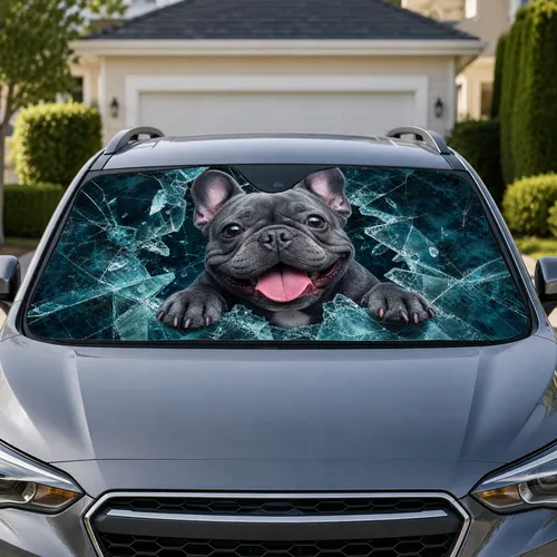 Blue Gray French Bulldog Breaking Icy Glass For Cool Daily Commutes And Dog Lovers Car Sunshade