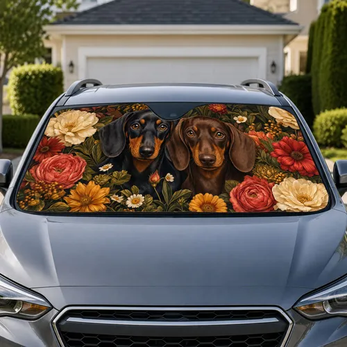 Two Dachshund Floral Garden Portraits For Dog Lovers Road Trip Interior Decor Gift Car Sunshade