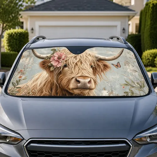 Highland Cow With Pink Flower Rustic Farmhouse Decor For Country Western Style Fans Car Sunshade