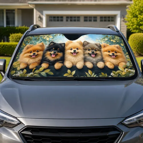 Five Cute Pomeranian Puppies Garden Bokeh UV Heat Blocking Travel Gift For Dog Lovers Car Sunshade