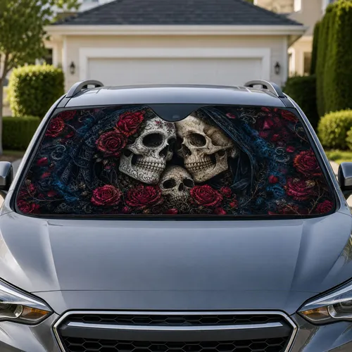 Gothic Skull And Crimson Rose Memento Mori Decor For Dark Romantic Horror Aesthetic Fans Car Sunshade