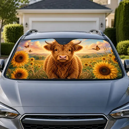 Highland Calf With Sunflowers Pastel Country Meadow Summer Farmhouse Decor Gift Idea Car Sunshade