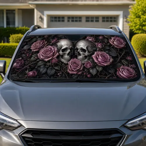 Gothic Silver Skulls With Dusty Mauve Roses Dark Floral Decor For Alternative Drivers Car Sunshade