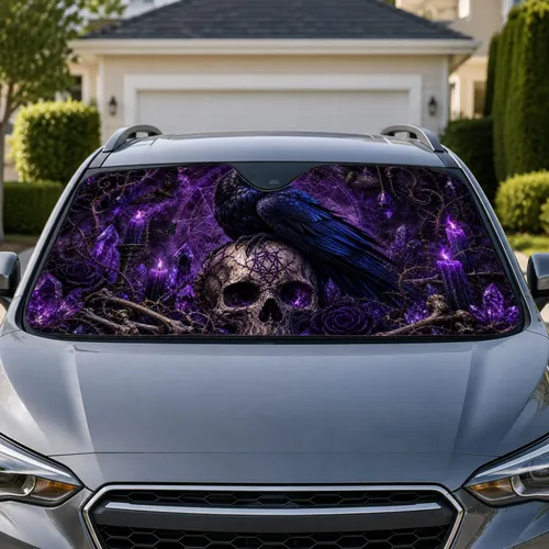Gothic Raven On Cracked Skull With Purple Candles For Dark Fantasy Decor Lovers Aesthetic Car Sunshade