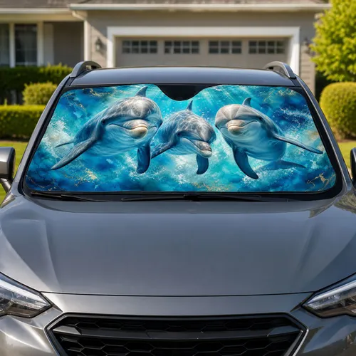 Three Bottlenose Dolphins In Tropical Blue Ocean For Summer Road Trips And Beach Lovers Car Sunshade