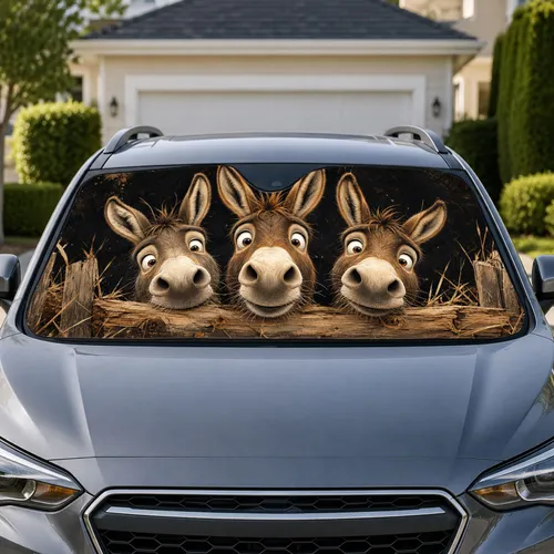 Three Curious Donkeys Over Rustic Fence For Farmhouse Humor, Road Trip Fun And Animal Fans Car Sunshade