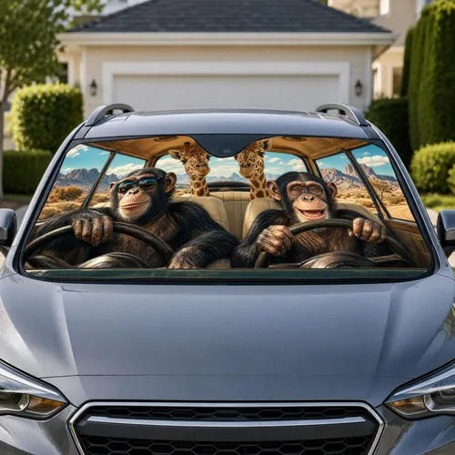 Safari Chimpanzees With Giraffes In Desert Cabin For Funny Road Trip Travel Lovers Car Sunshade