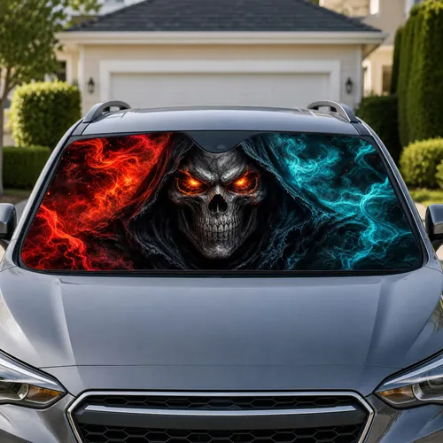 Hooded Grim Reaper Skull With Flaming Eyes For Dark Fantasy Daily Commuter Style Car Sunshade