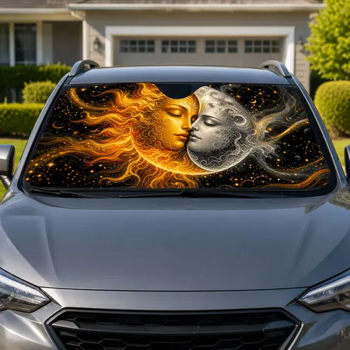 Celestial Sun And Moon Faces With Stars For Mystical Road Trips And Cosmic Decor Car Sunshade