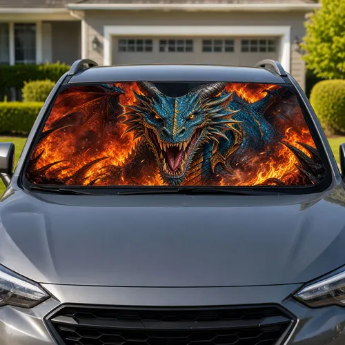 Fierce Turquoise Dragon Head In Fiery Cavern For Fantasy Lovers And Road Trip Style Car Sunshade