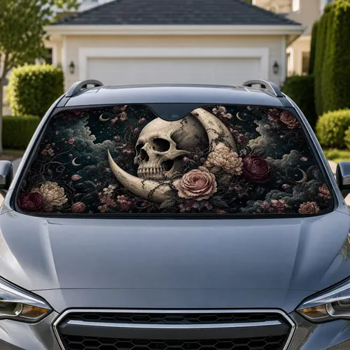 Gothic Skull Crescent Moon With Moody Florals For Witchy Dark Fantasy Decor Lovers Car Sunshade