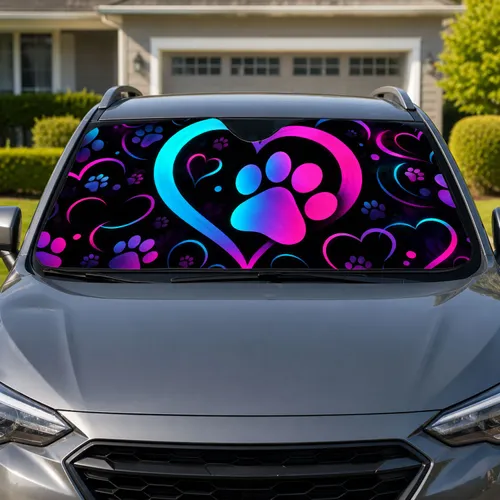 Neon Paw Heart Emblem On Black For Pet Lover Road Trips And Daily Drives Animal Fans Car Sunshade