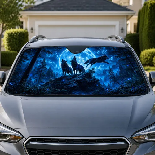 Moonlit Howling Wolves In Dark Pine Forest For Gothic Camping And Fantasy Decor Fans Car Sunshade