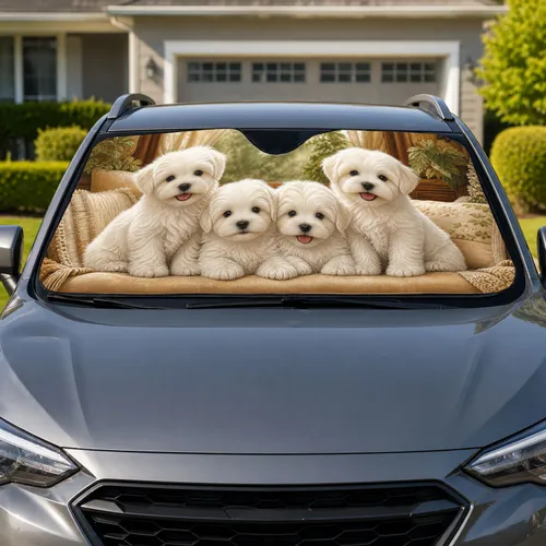 Four Fluffy White Puppies On Tan Bench For Cozy Road Trips And Small Dog Lovers Car Sunshade