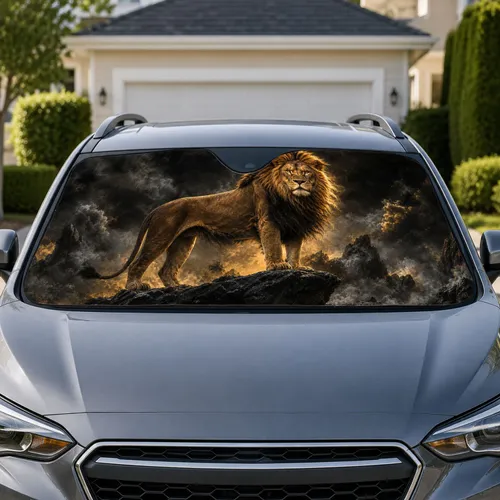 Majestic Lion On Black Rock With Smoky Night Drama For Road Trip Wildlife Safari Fans Car Sunshade