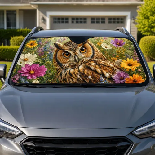 Vivid Brown Owl With Garden Flowers For Boho Nature Decor And Bird Lovers Spring Meadow Car Sunshade