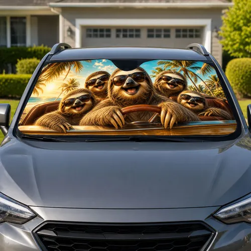 Sunglasses Sloth Family In Tropical Cruiser For Beach Road Trips And Summer Drivers Car Sunshade