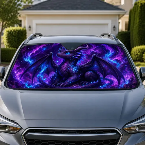 Glowing Violet Mystic Dragon With Cyan Magic Flames For Fantasy Fans And Night Gamers Car Sunshade