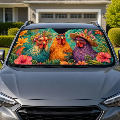 Funky Chickens In Tropical Jungle Flowers For Whimsical Summer Road Trips For Families Car Sunshade