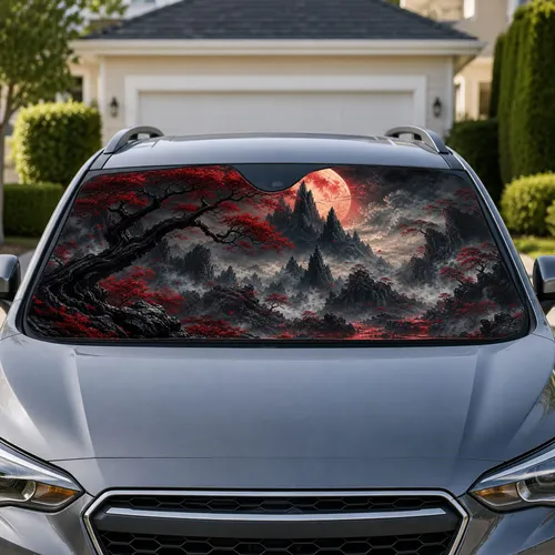 Gothic Fantasy Valley With Crimson Trees And Ivory Moon For Dark Aesthetic Travel Car Sunshade